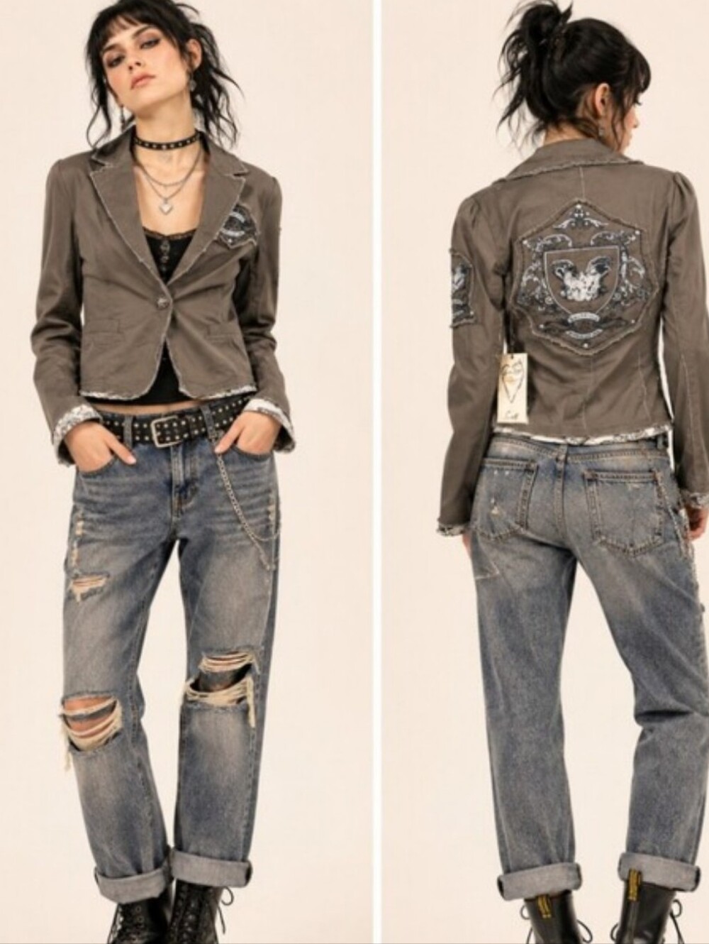 Love Stitch Olive Green Notch Lapel Blazer Distressed Patches Grunge NWT Sz S